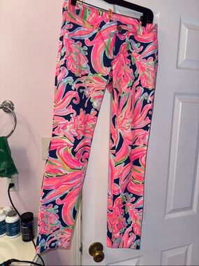 Vibrant Floral Print Skinny Pants - Pink & Navy